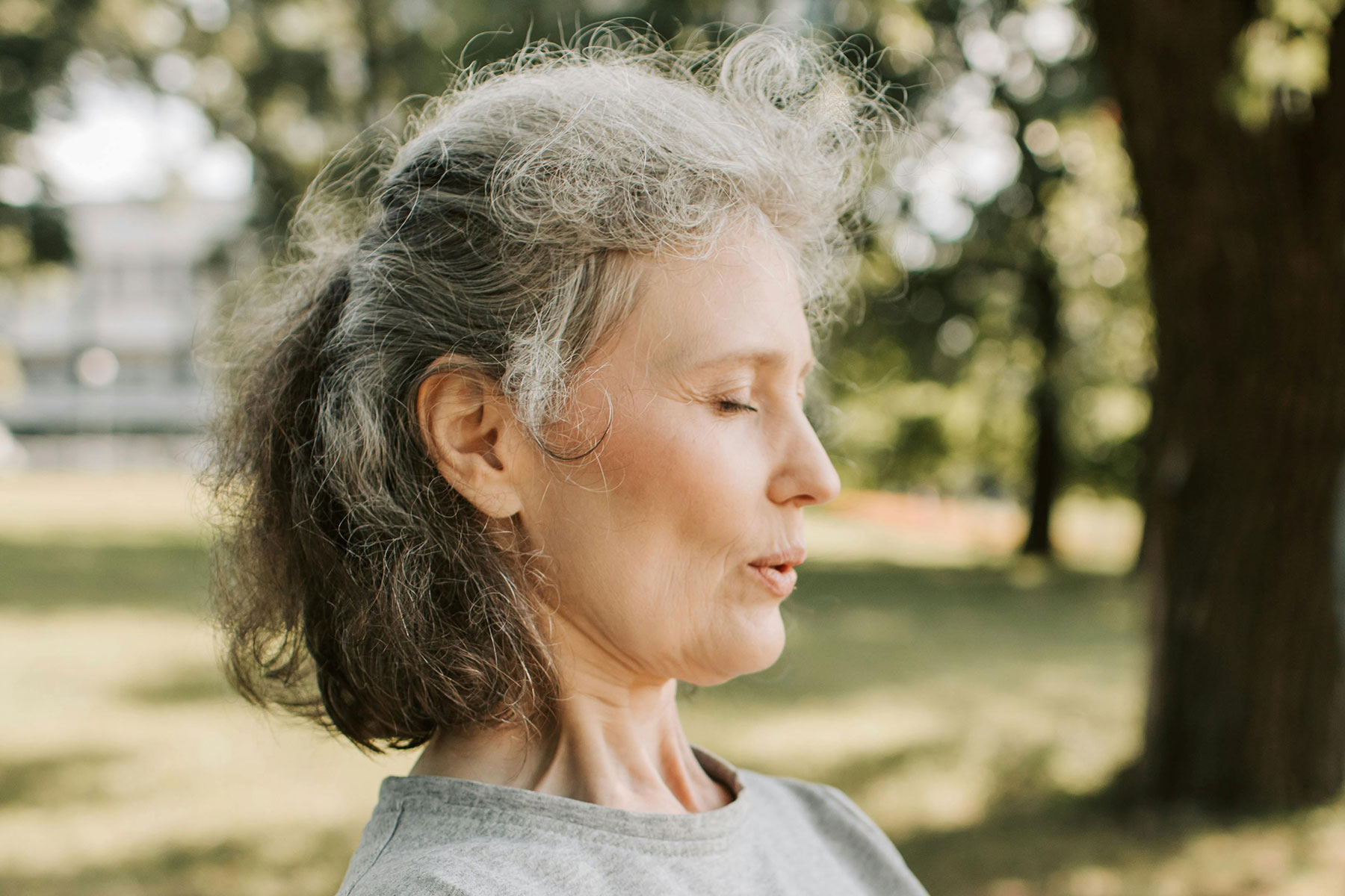 senior with closed eyes
